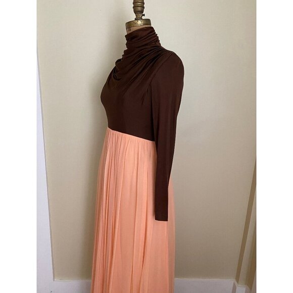Vtg 2 Piece Long Formal Dress and Bolero Jacket Set, Brown and Peach Chiffon - Picture 7 of 10